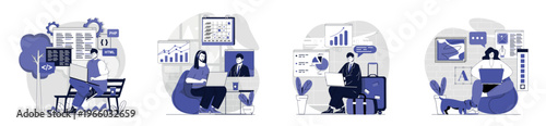 Freelance working concept set for web design. Collection with people working remotely from home, doing programing, data analysis, creating digital graphics, connecting online. Vector illustration.