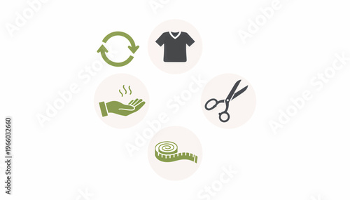 Sustainable fashion and tailoring icon set. Clothing care, recycling, and sewing symbols. Flat design vector illustration