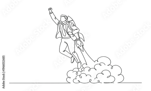 Continuous one line drawing of young handsome male worker flying high using jetpack machine. Trendy one line design modern graphic illustration
