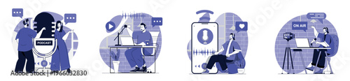 Podcast streaming concept set for web design. Collection with people in headphones broadcasting and recording talks in studio, creating audio in microphone, followers listening. Vector illustration.