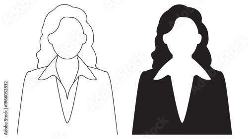 Woman bust silhouette outline and solid fill comparison with wavy hair and collared shirt, simple clean graphic art