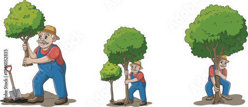 Farmer Planting Trees Step by Step in Flat Cartoon Illustration for Agriculture and Environment Design
