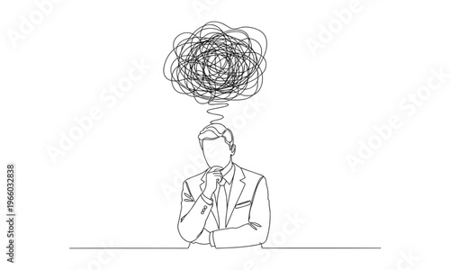 One line drawing of person holding head with tangled thoughts. Stress confusing people because any problem. one line Icon drawing