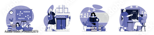 School learning concept set for web design. Collection with people studying chemistry or geometry, reading books, answering to teacher at lessons, preparing to seminars and exams. Vector illustration.