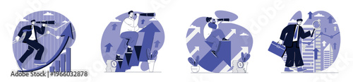 Searching opportunity concept set for web design. Collection with people looking new career directions, creating success strategy for achieving job goals and business vision. Vector illustration.
