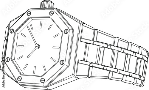 Luxury octagonal bezel wristwatch technical line drawing featuring metallic bracelet and detailed watch face for industrial design.