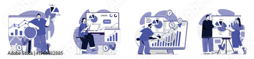 Sales performance concept set for web design. Collection with people making finance analysis and graphs presentation, get financial progress and profit rise at arrow at charts. Vector illustration.