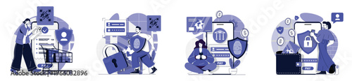 Secure payment concept set for web design. Collection with people making internet shopping with paying protect service, ordering online with safety money transaction technology. Vector illustration.
