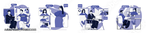 Video business conference concept set for web design. Collection with people briefing remotely and working by internet at global project, connecting online for doing tasks. Vector illustration.