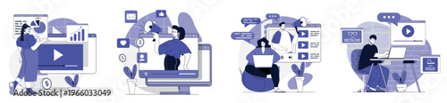 Video marketing concept set for web design. Collection with people making online advertising and creating viral content, doing data analysis, attracting new followers in blog. Vector illustration.