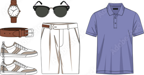 Men summer fashion collection featuring blue polo shirt white shorts sneakers leather belt sunglasses and wrist watch.