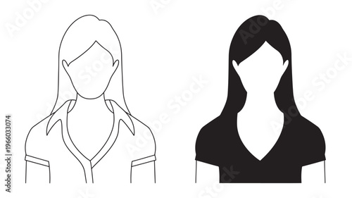 Woman silhouette icon set with outline and solid fill for profile representation featuring avatar, head, shoulders with hairstyle and female elements