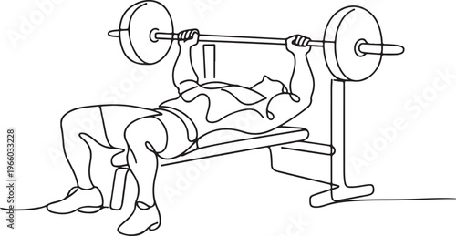 Muscular man performing bench press exercise line drawing fitness training gym workout illustration concept