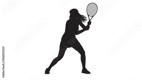 Woman tennis player silhouette in action, holding a racket and poised to strike a ball on a white background, dynamic pose.