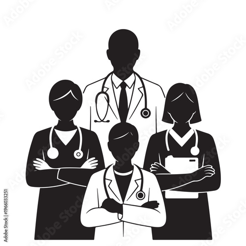 Medical professional team silhouette with doctors and nurses wearing stethoscopes and white coats standing together for healthcare services