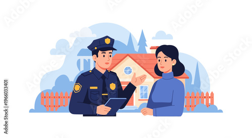 Police officer discussing safety with woman outside a house in suburban scene