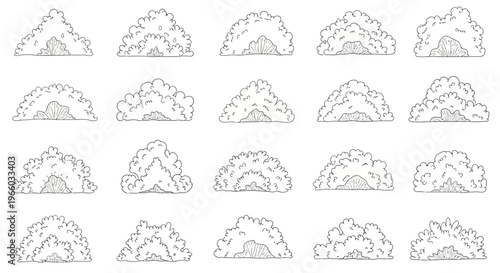 Collection of hand drawn bushes in doodle style for nature design projects