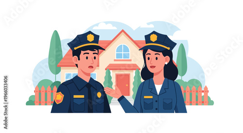 Friendly conversation between two police officers in front of a house