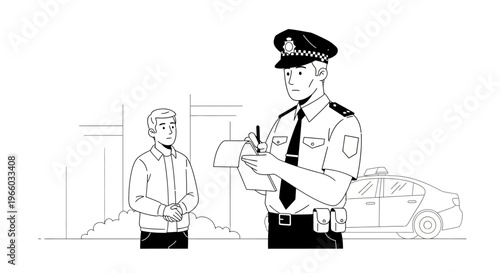 Police officer issuing citation to driver in urban setting