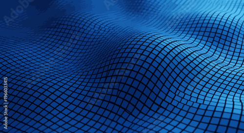 Abstract blue grid surface with wavy 3d geometric pattern