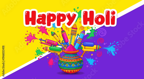 Colorful holi celebration with decorative pot and paint splatters