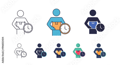 Delivery person holding clock icons in various styles for timely shipping concept