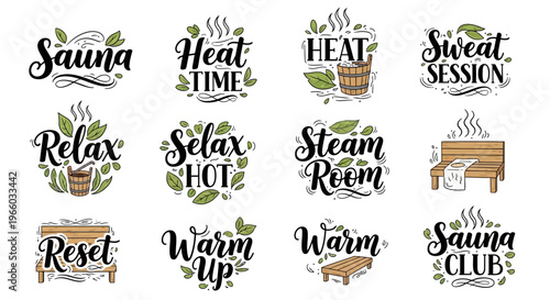 Sauna and relaxation-themed hand lettering with decorative green leaves