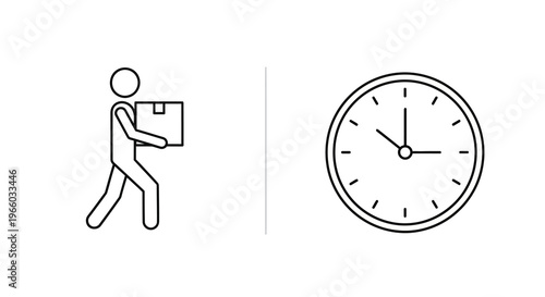 Silhouette of a courier delivering package and a clock symbolizing timely delivery