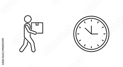Linear style courier delivering package next to wall clock icon