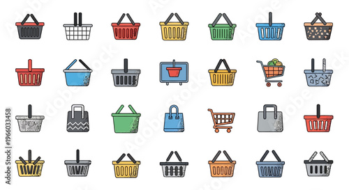 Colorful shopping basket and cart icons in modern flat design