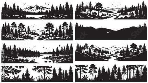 Black and white forest landscape vector icons, scenic mountain range silhouettes, nature wilderness graphics, 8 illustration set