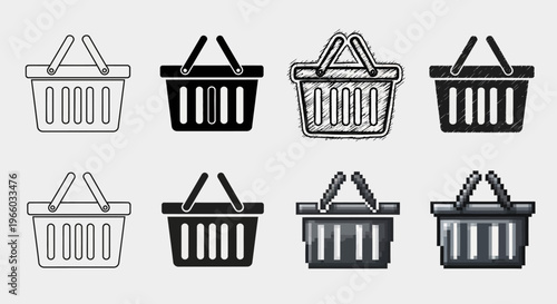 Variety of shopping basket icons in different artistic styles