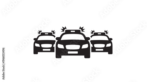 Three black police cars with flashing lights, representing law enforcement and pursuit concepts. featuring car, vehicle, siren with chase and