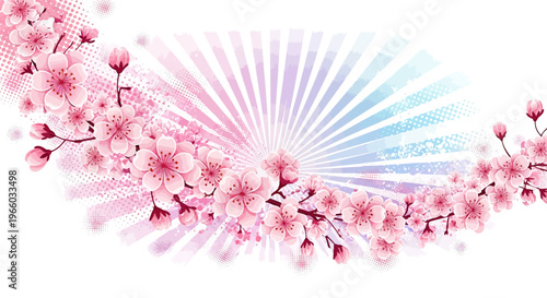 Vibrant cherry blossom branch on abstract radiant background