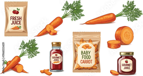 Carrot Product Packaging Collection with Fresh Juice, Gourmet Juice, and Baby Food Carrot Illustrations for Healthy Food Branding