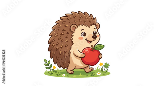 Cute Cartoon Hedgehog Holding Apple.