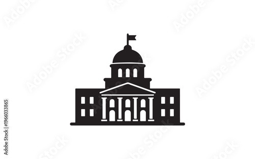 A black silhouette of a classical government building featuring a prominent dome, columns, and a flag atop its highest point. 