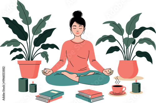 Woman practicing meditation at home with plants, books and tea, peaceful mindfulness yoga lifestyle illustration cozy indoor vector scene