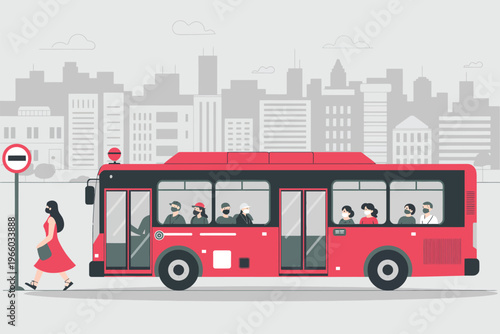 City bus illustration, red urban public transportation vehicle with passengers at bus stop for travel, commuting, and modern city mobility design.