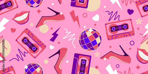 Seamless retro pattern of 80s-90s with disco and music elements. Pop art disco banner.  Memphis style background. Vector illustration