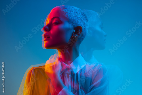 Abstract neon portrait of a woman with colorful gradient lighting and soft double exposure effect.