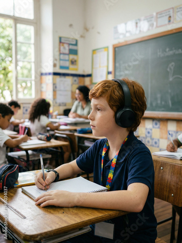Autistic boy wearing headphones in class