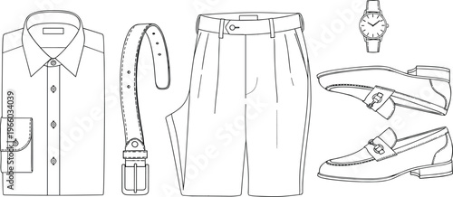 Mens formal fashion clothing set with shirt trousers leather belt loafers and wrist watch outline vector illustration for style concepts isolated on white background