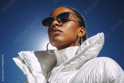 Fashion portrait of a confident woman wearing a white puffer jacket and dark sunglasses against a deep blue sky.