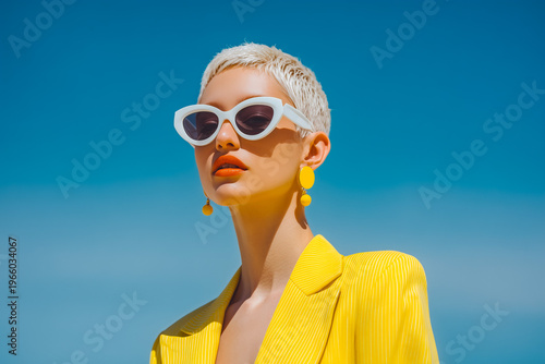 Fashion portrait of a stylish woman wearing oversized white sunglasses and a bright yellow outfit against a blue sky background. The bold color contrast and clean composition create a modern pop aesth