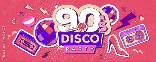 Retro disco poster or banner of 80s-90s with audio cassettes, disco ball, chupa chups, high heels and smiling lips. Memphis style background. Vector illustration