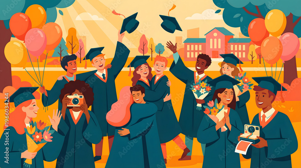 Obraz premium Graduating students celebrating by tossing caps and posing for group photos on campus with colorful balloons and flowers