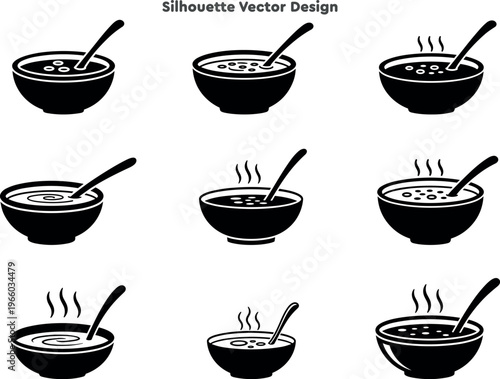 Silhouette set of soup bowls and steaming hot meal basins. Vector set of healthy dinner and liquid food symbols. Restaurant appetizer icons for menu. Professional vector illustration
