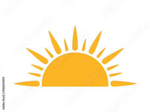 A vibrant orange sun graphic with sharp stylized rays emanating from a semi circular form