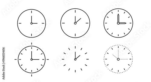 Minimalist linear clock designs showcasing various time compositions with simple circular style